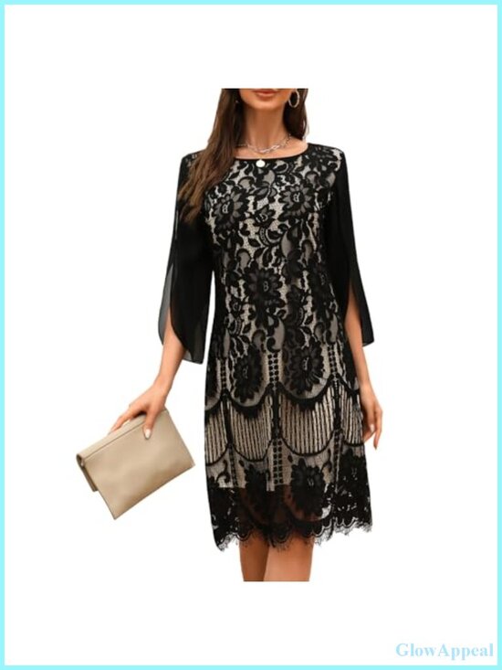 Dresses & Skirts - Lace Sequin Formal Wedding Guest Cocktail Dress Slit Sleeve